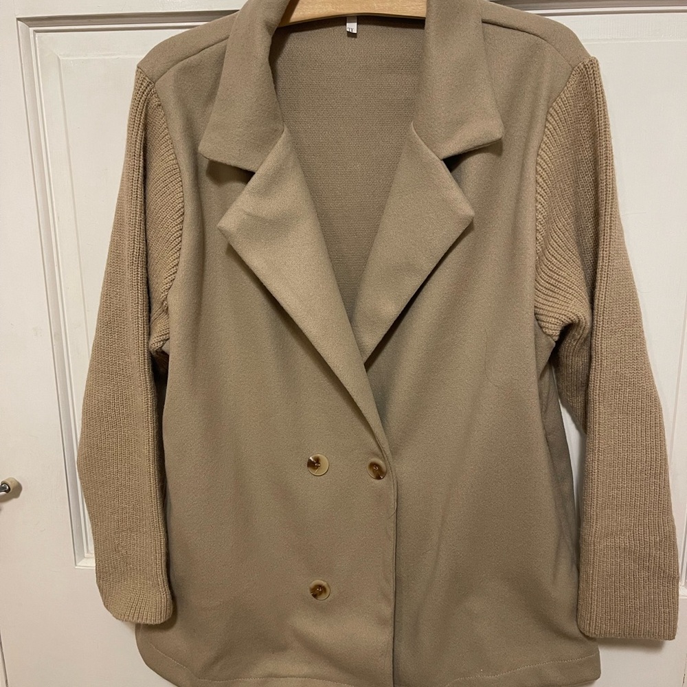 Women's Tan Blazer with Knit Sleeves